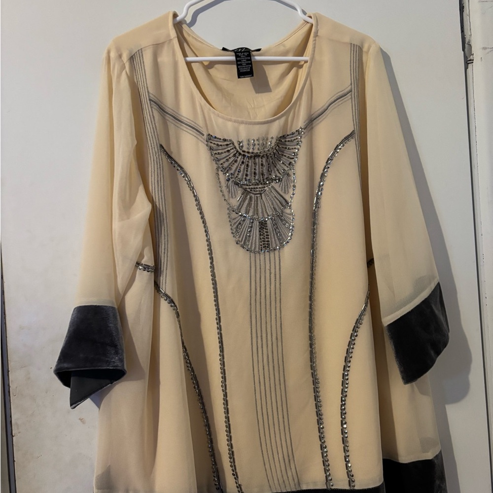 Midnight Velvet Cream and Gray Embellished Blouse